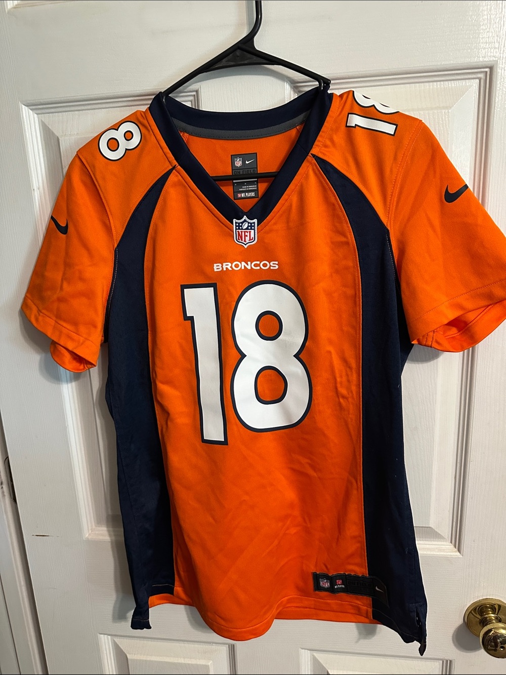 Nike Orange and Navy Broncos #18 Manning Football Jersey